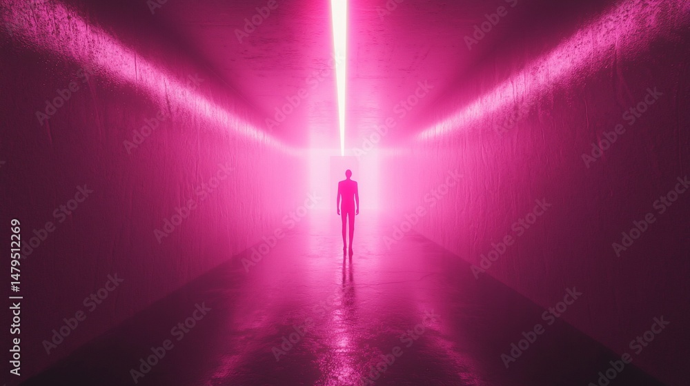 Person traversing radiant pink corridor, symbolizing transition or passage Person traversing radiant pink corridor, symbolizing transition or passage