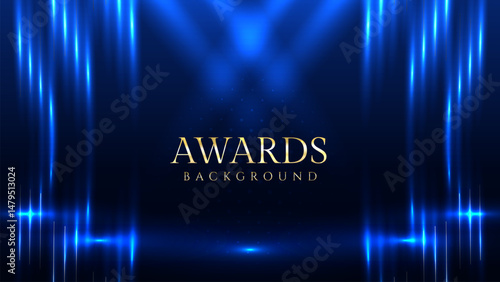 Elegant awards ceremony background with blue spotlights. Perfect for event invitations, award presentations, gala nights, corporate ceremonies, achievement celebrations, online event promotions.