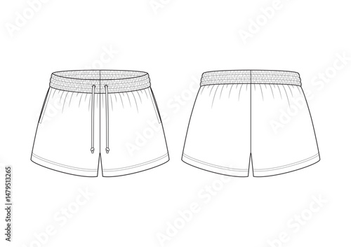 Vector fashion technical drawing of a shorts with front and back view. Elastic waistband. Drawstring detail on the center front. Side pockets. Polyester or woven fabric.