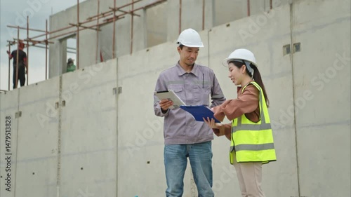 Engineers and architecture inspect and supervise the construction of building walls and foundations of residential buildings
