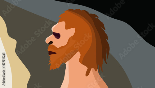 Neanderthal in a cave, flat color illustration