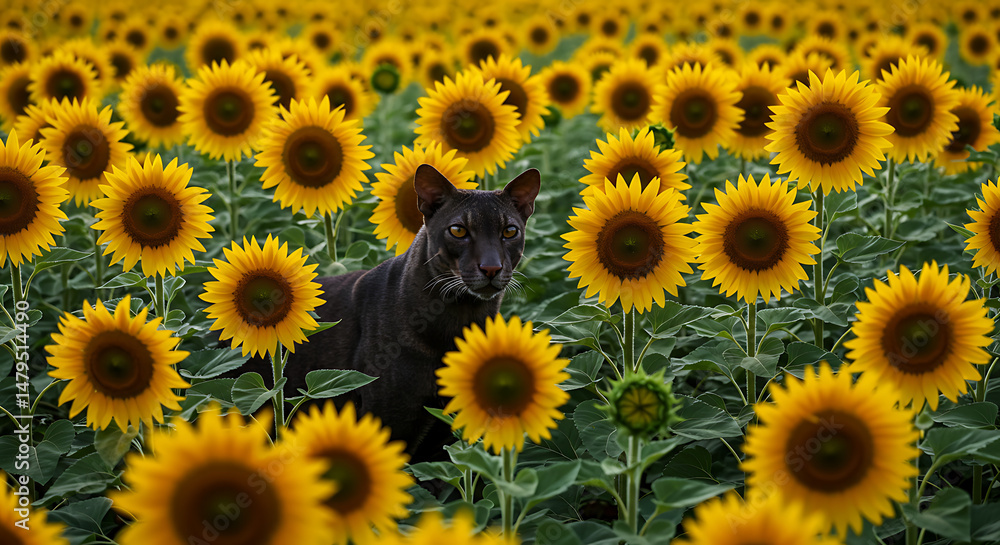 Majestic black cat hidden amongst vibrant sunflowers breathtaking summer scene Majestic black cat hidden amongst vibrant sunflowers breathtaking summer scene