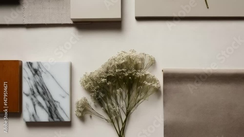 Material samples and color palette for interior design moodboard with marble and wood
