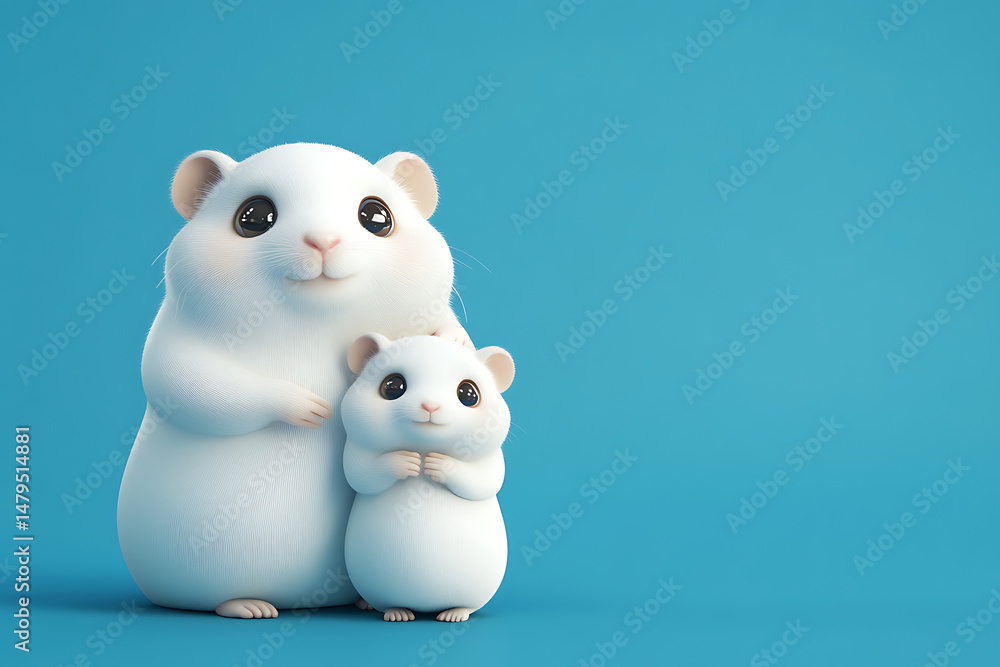 Fototapeta premium Adorable white hamsters standing together against a vibrant blue background, showcasing their bond