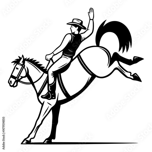Rodeo cowboy riding a bucking horse in dynamic black and white illustration style