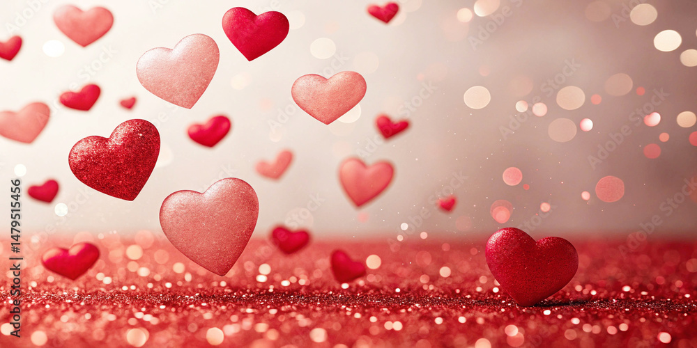 Obraz premium Romantic Floating Red Hearts with Sparkling Glitter and Bokeh Background – Valentine's Day Theme