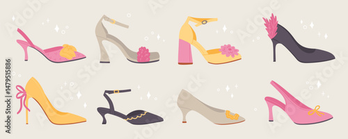 High heels shoes illustration set. Modern trendy shoes. Festival female footwear. Stylish clothes flat cartoon collection. Vector design elements