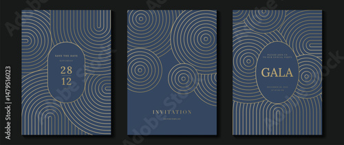 Luxury wedding invitation card background vector. Golden elegant geometric shape, gold wavy lines on navy blue background. Premium design illustration for wedding, vip cover template, banner, poster.