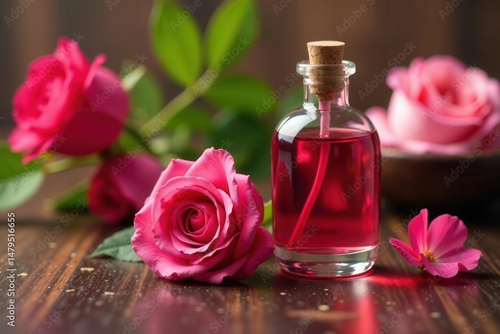 Organic rose oil & herbal elixir, elegant spa scene , perfume, candle Organic rose oil & herbal elixir, elegant spa scene , perfume, candle
