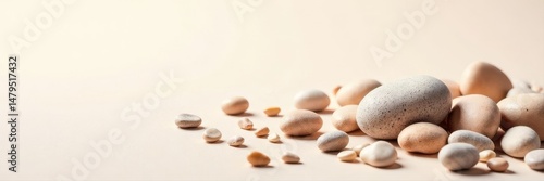 Scattered pebbles on pale backdrop, ample blank area , flatlay, nature