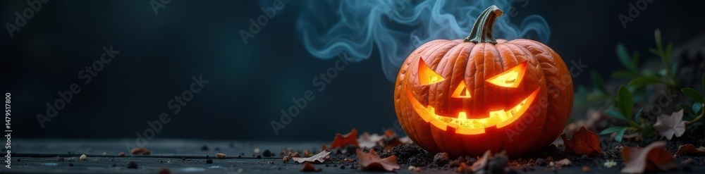 Fototapeta premium Smoking pumpkin; glowing embers inside, smoke rises from mouth , still life, glowing, candlelight