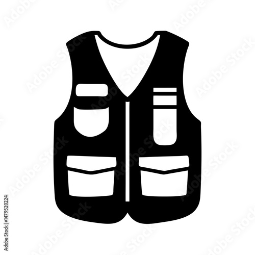 Black and white illustration of a vest with multiple pockets and compartments