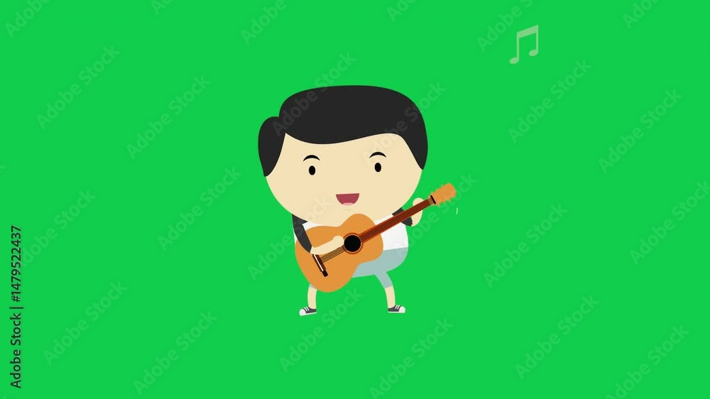 Animated boy playing guitar on green screen, ideal for music, performance, or educational videos. Chroma key ready for easy integration into creative video and design projects. Animated boy playing guitar on green screen, ideal for music, performance, or educational videos. Chroma key ready for easy integration into creative video and design projects.