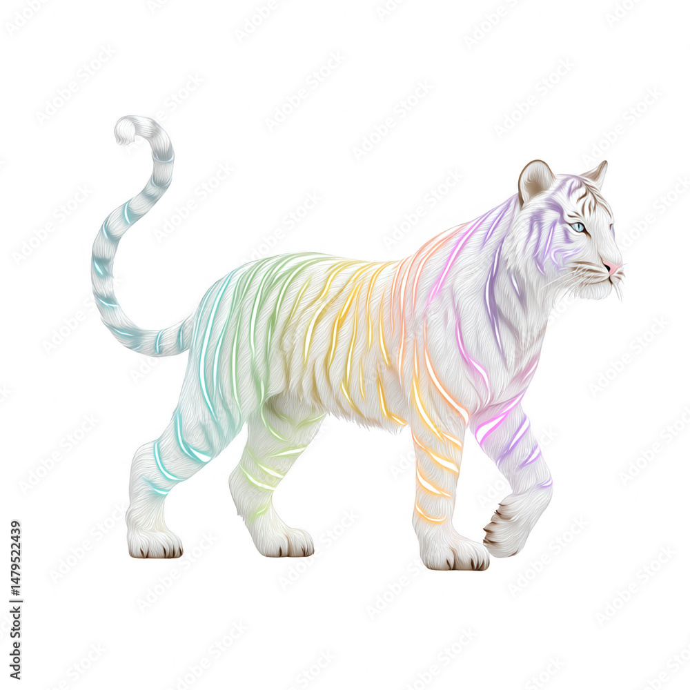 Fototapeta premium A majestic white tiger with rainbow stripes walks proudly across the plain.