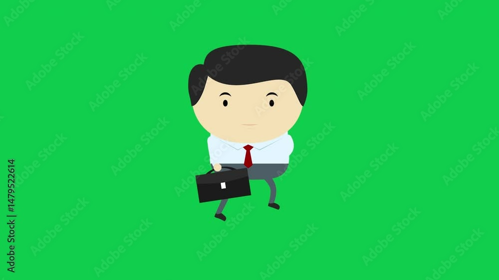Cartoon businessman walking with briefcase on green screen, perfect for business, travel, or office video overlays. Green screen for chroma key. Cartoon businessman walking with briefcase on green screen, perfect for business, travel, or office video overlays. Green screen for chroma key.