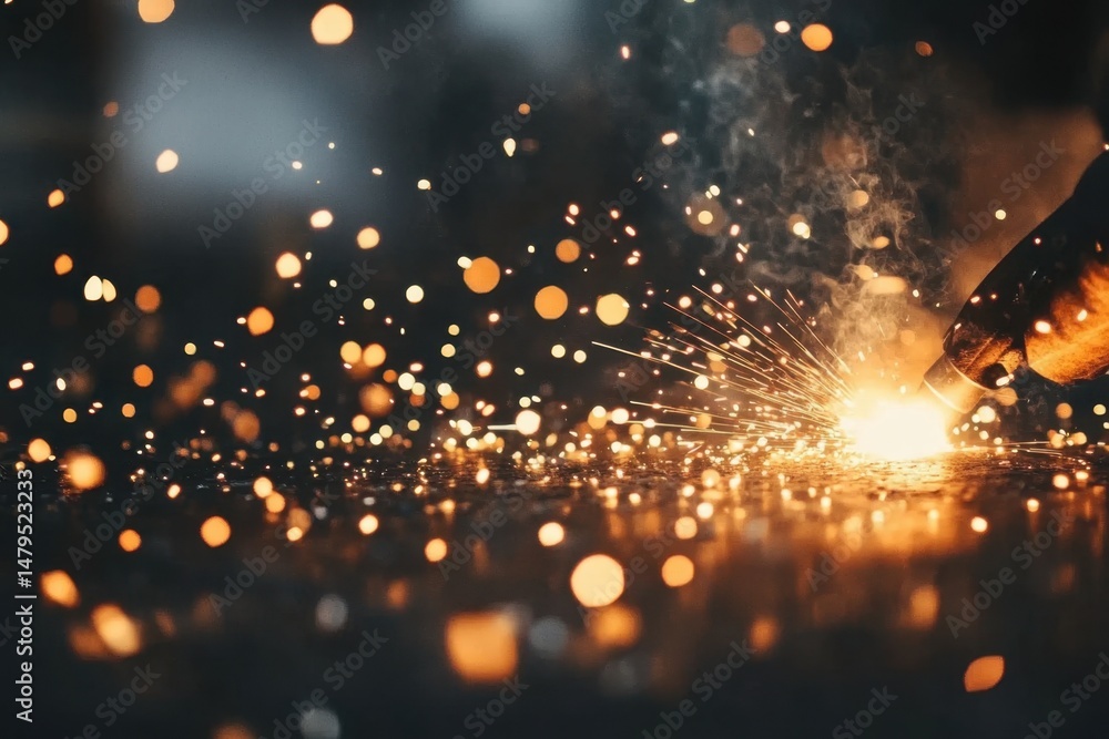Obraz premium Close-up of Welder at Work Creating Sparks with Welding Torch in Industrial Setting with Dark Background and Dynamic Lighting