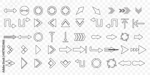 Arrow icon set. Outline editable stroke arrow icon collection. Curved right, forward, reload, send, navigate and more. Editable stroke on Transparent Background. EPS 10.