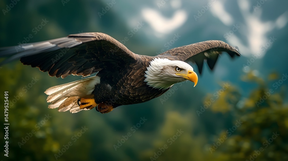 Fototapeta premium Majestic bald eagle gracefully gliding over a snow capped mountain forest landscape with blue sky and copy space in the background
