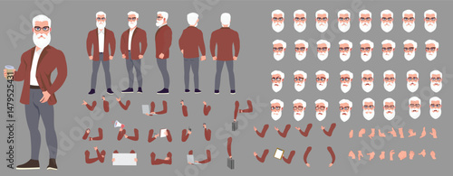 Man Character design. Front, side, back view and explainer animation poses. Character set with lip sync and facial expressions of Happy, angry, sad, Joy with Side walk cycle animation sequence sprite 