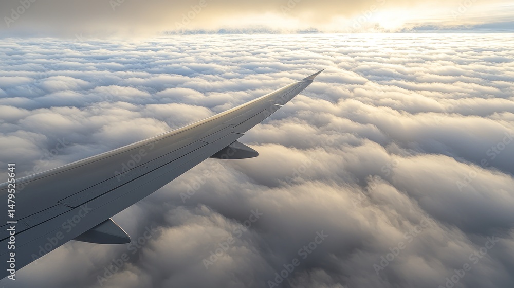 Obraz premium High-altitude view of airplane wing above fluffy clouds.