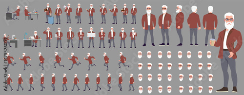 Man Character design. Front, side, back view and explainer animation poses. Character set with lip sync and facial expressions of Happy, angry, sad, Joy with Side walk cycle animation sequence sprite 