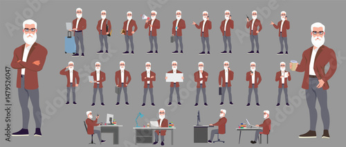 Man Character design. Front, side, back view and explainer animation poses. Character set with lip sync and facial expressions of Happy, angry, sad, Joy with Side walk cycle animation sequence sprite 