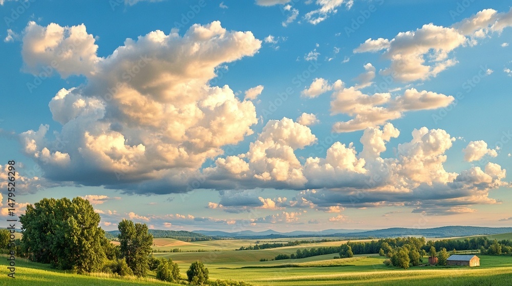 Obraz premium Scenic Rural Landscape with Fluffy Clouds