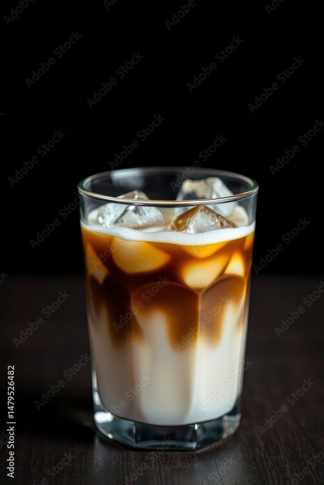 Iced Coffee Refreshment Glass with Milk and Ice on Dark Table Iced Coffee Refreshment Glass with Milk and Ice on Dark Table