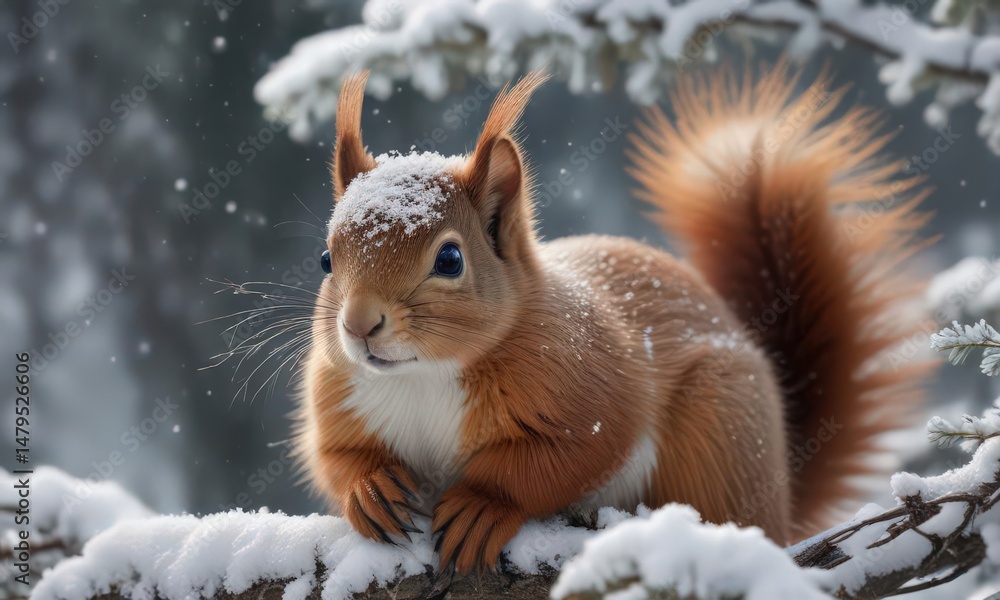 Fluffy red squirrel nestled in snowy branches, snowflakes falling , brown, icy, christmas Fluffy red squirrel nestled in snowy branches, snowflakes falling , brown, icy, christmas
