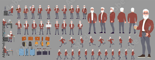 Man Character design. Front, side, back view and explainer animation poses. Character set with lip sync and facial expressions of Happy, angry, sad, Joy with Side walk cycle animation sequence sprite 