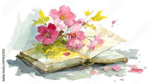 Discover the Beauty of Literature Through an Open Book Adorned with Vibrant Watercolor Flowers Like Cherry Blossoms