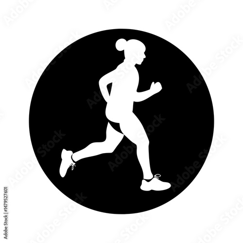 Silhouette of a female runner on a black circle background image