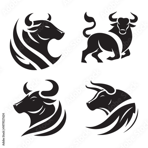 black Set of vector black silhouettes of bull icon isolated on a white background