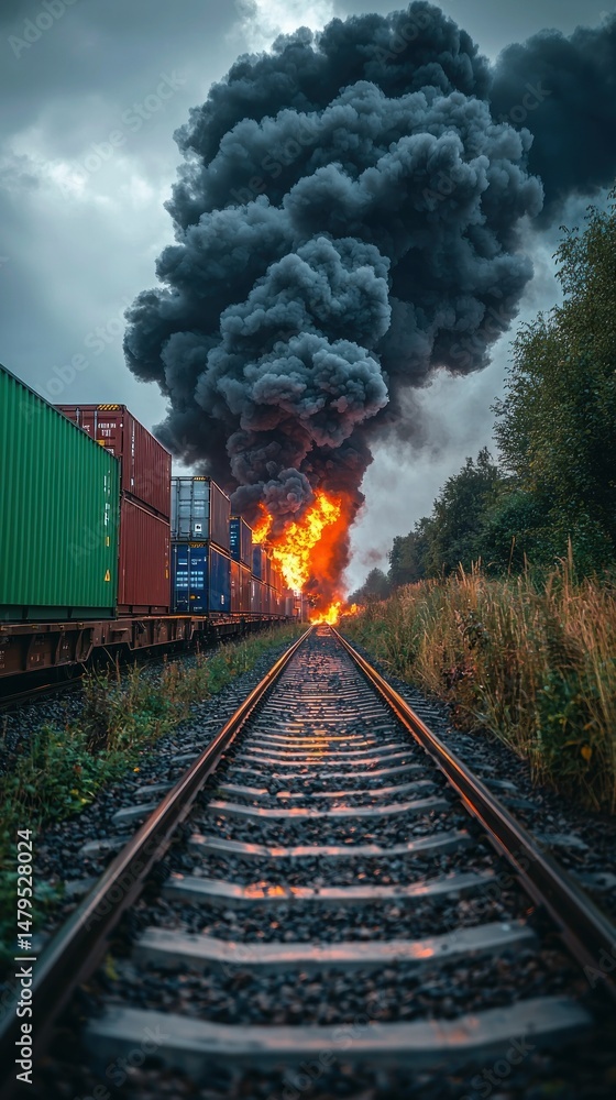 Obraz premium Burning train with freight containers. Smoke plume in the sky