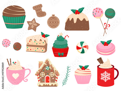 Christmas sweets treat set. New year gingerbread and cocoa cup, cake muffin, lollipop candy. 