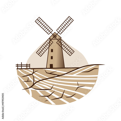 Windmill on a dry landscape. A rustic windmill stands against a backdrop of arid land, under a clear sky. Perfect for conveying themes of sustainability, renewable energy, or rural landscapes