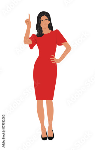 Flat style vector illustration young businesswoman in office dress standing full length pointing upward. Professional female character presenting product, service, isolated on transparent background