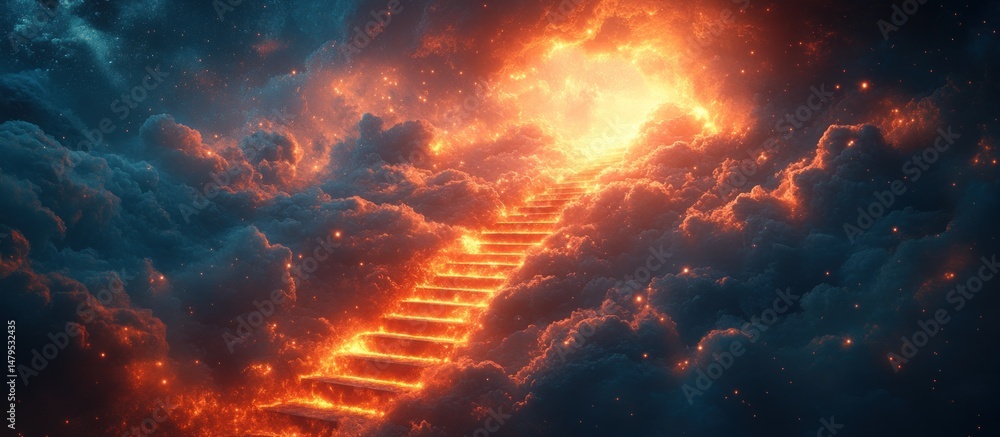 Fototapeta premium Fiery stairway to heaven amidst clouds