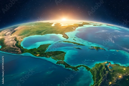 Central America and Caribbean Islands from Space at Sunrise