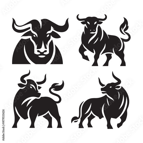 black Set of vector black silhouettes of bull icon isolated on a white background
