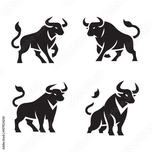 black Set of vector black silhouettes of bull icon isolated on a white background