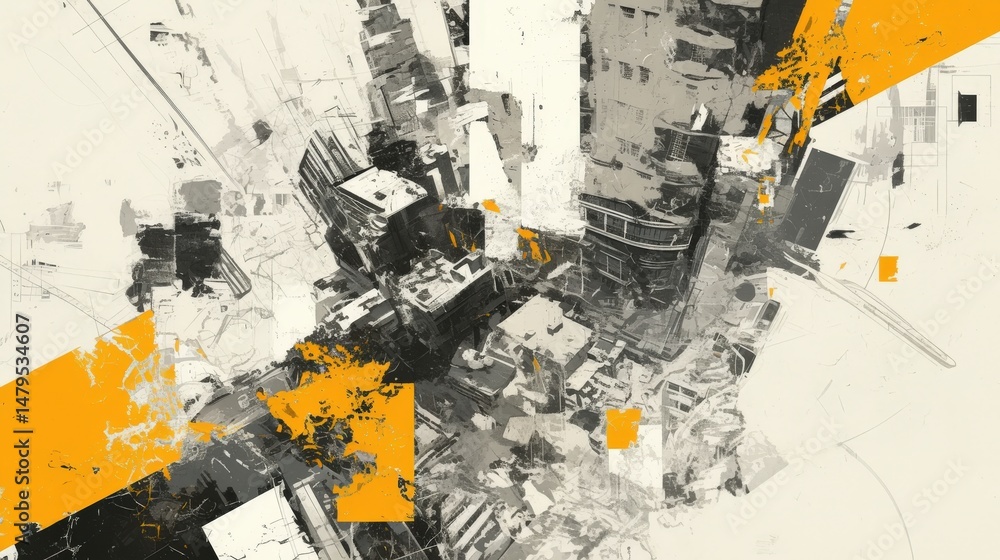 Fototapeta premium Abstract urban landscape; chaotic, fragmented city scene in grayscale and orange accents