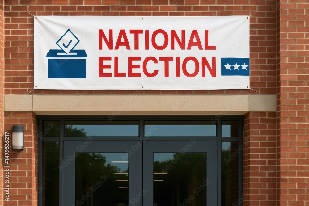Obraz premium National election participation. National election banner displayed on a brick building entrance.