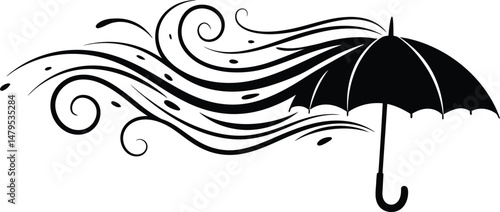 Swirling Wind and Umbrella - Black and White Vector