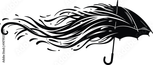 Windswept Umbrella: Black and White Vector