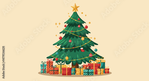 Flat Vector Christmas Tree with Gifts