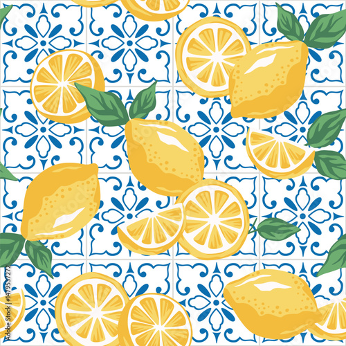 Blue Italian geometric tiles, yellow lemons seamless pattern. Amalfi coast summer wallpaper.