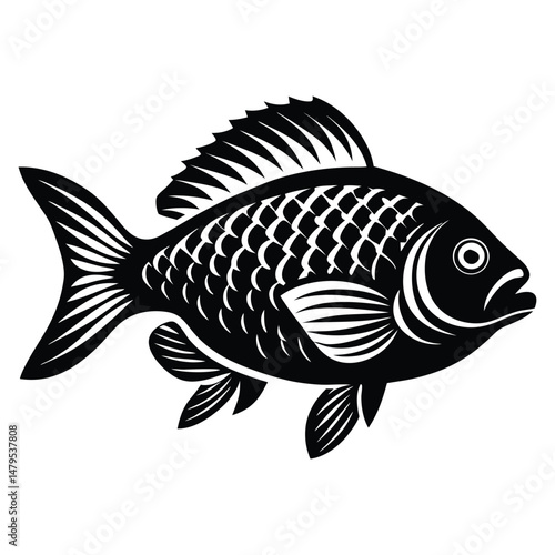 Tropical River Fish Designs in Black and White Coastal Characters Black Vector Fish Icons, Tilapia fish silhouette vector illustration
