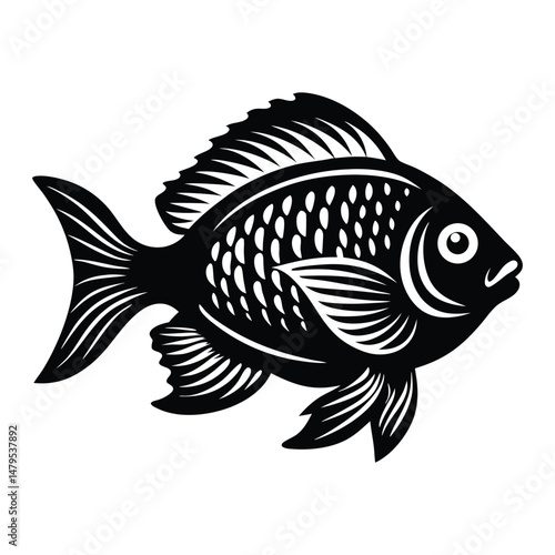 Tropical River Fish Designs in Black and White Coastal Characters Black Vector Fish Icons, Tilapia fish silhouette vector illustration