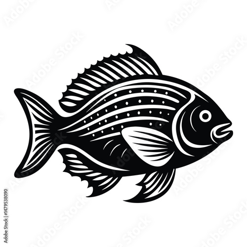 Tropical River Fish Designs in Black and White Coastal Characters Black Vector Fish Icons, Tilapia fish silhouette vector illustration